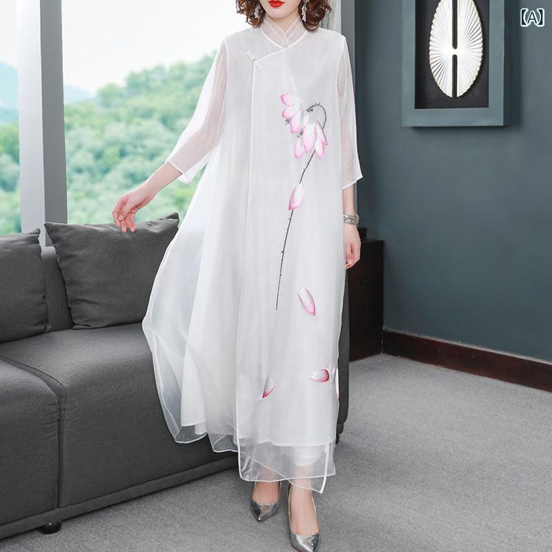 レディース 春夏 衣装 中国 返り咲き 蓮花刺しゅう 花柄  雅びやか 表現スタイル 口さかしい 影ぼうし 綿織物 混 吸湿速乾 役立つこと MIDI丈 お召しもの