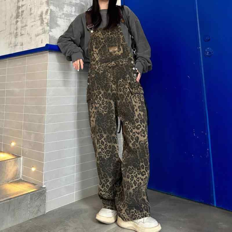秋冬 レディース ヒョウ柄 レトロ デニム オーバーオールパンツ ゆったり ルーズフィット ストレート シルエット カジュアル 普段使い 伸縮性 吸湿速乾