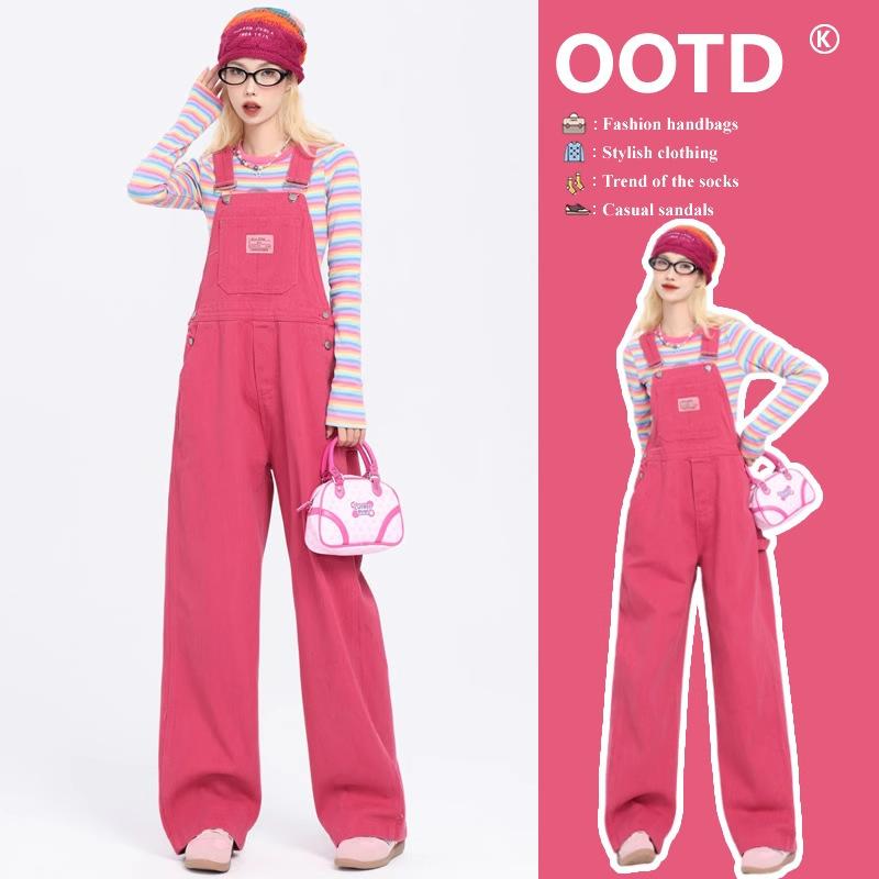 レディース ピンク デニム オーバーオール ルーズ レトロ ハイウエスト ワイドレッグ ストレートパンツ カジュアル 普段使い かわいい スリム見え