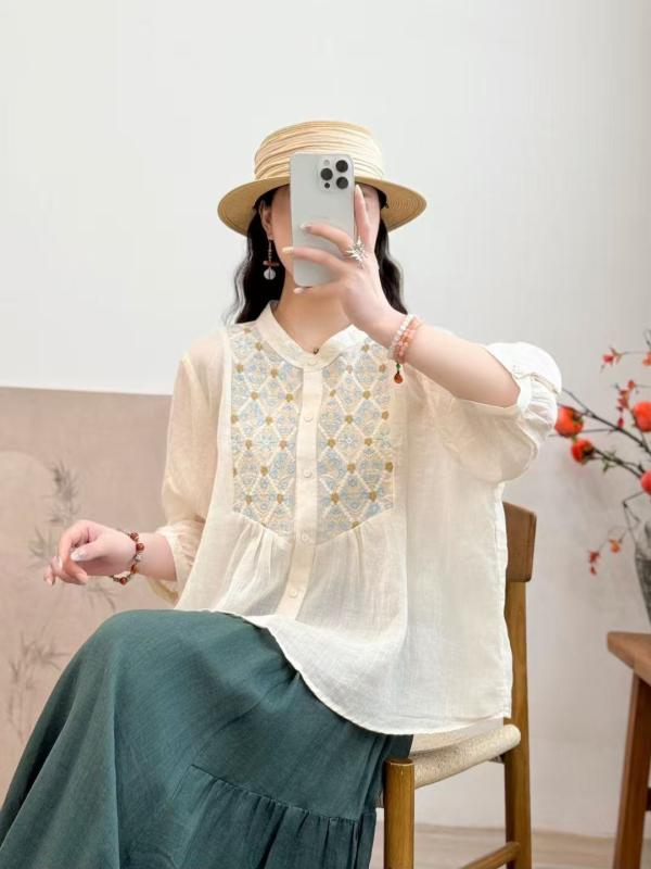 女性用 夏 カーディガン 純麻 刺繍 立襟 七分袖 ブラウス 清新 気質 トップス 軽量 通気性 ボタン開き シャツ 羽織 麻素材 シンプル デザイン