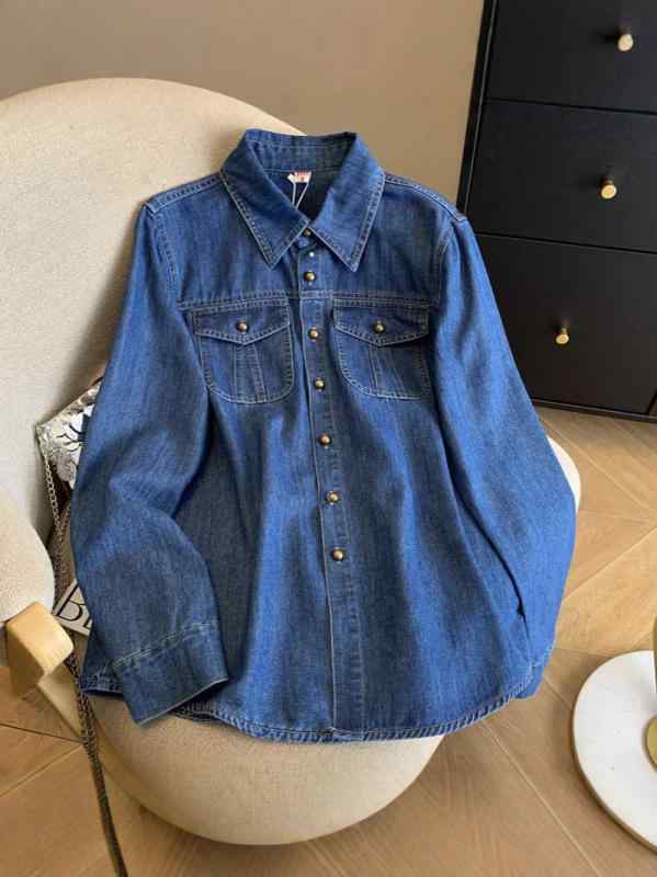 デニムシャツ レディース ブルー コットンライク 柔らかい ストレートショルダー 春秋 暖か 厚手 起毛加工 インナー アウター コーディネートしやすい 普段使い 通勤 伸縮性 軽量