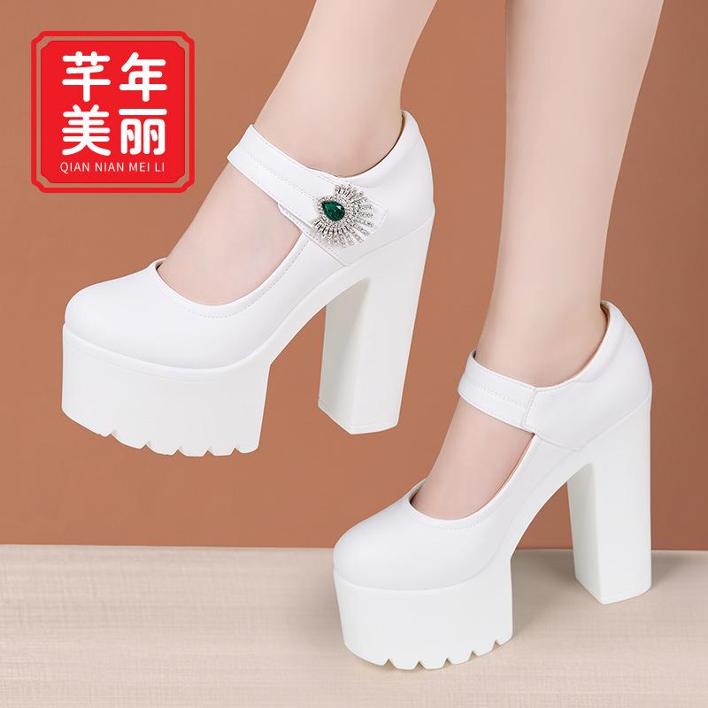 女性用 ハイヒール チャイナドレス ステージシューズ 14cm 太ヒール 厚底 防水 プラットフォーム ラウンドトゥ モデル パフォーマンス 靴 伸縮性 軽量 普段使い