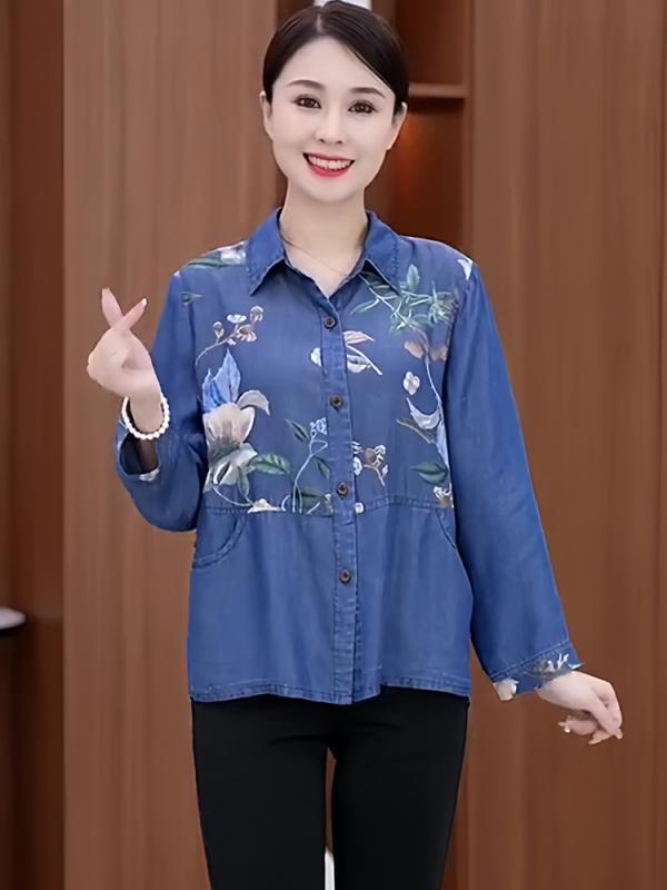 シャツ レディース 長袖 デニム プリント 切り替え トップス 秋 ゆったり お腹カバー 大人女性用 ミドルエイジ コーデ コットン混 吸湿速乾 軽量 ブラック ベージュ系 デイリー 普段使い 通勤 カジュアル スタイル