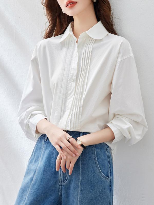 ブラウス レディース 長袖 白 プリーツ 綿 春 上品 デザイン トップス 女性用 シャツ 琴褶 気質 純綿 素材 軽やか シルエット