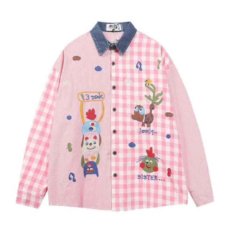 レディース 長袖 シャツ 刺繍 チェック柄 カートゥーン柄 ゆったり BFスタイル 日系 レトロ 春 トップス コットン 混 軽量 伸縮性