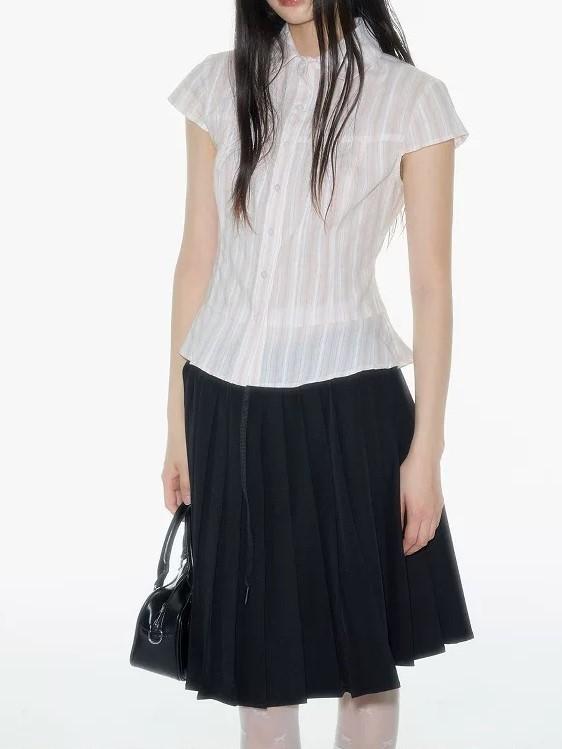 レディース シャツ トップス かわいい 少女 ストライプ 柄 ラペルカラー ウエストシェイプ 小パフスリーブ 短袖 軽やか 普段使い 百搭 スタイル