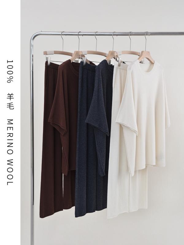 レディース 春夏 短袖 ウール ニット トップス 伸縮 ゆったり ルーズ ストレート パンツ セット 普段使い カジュアル