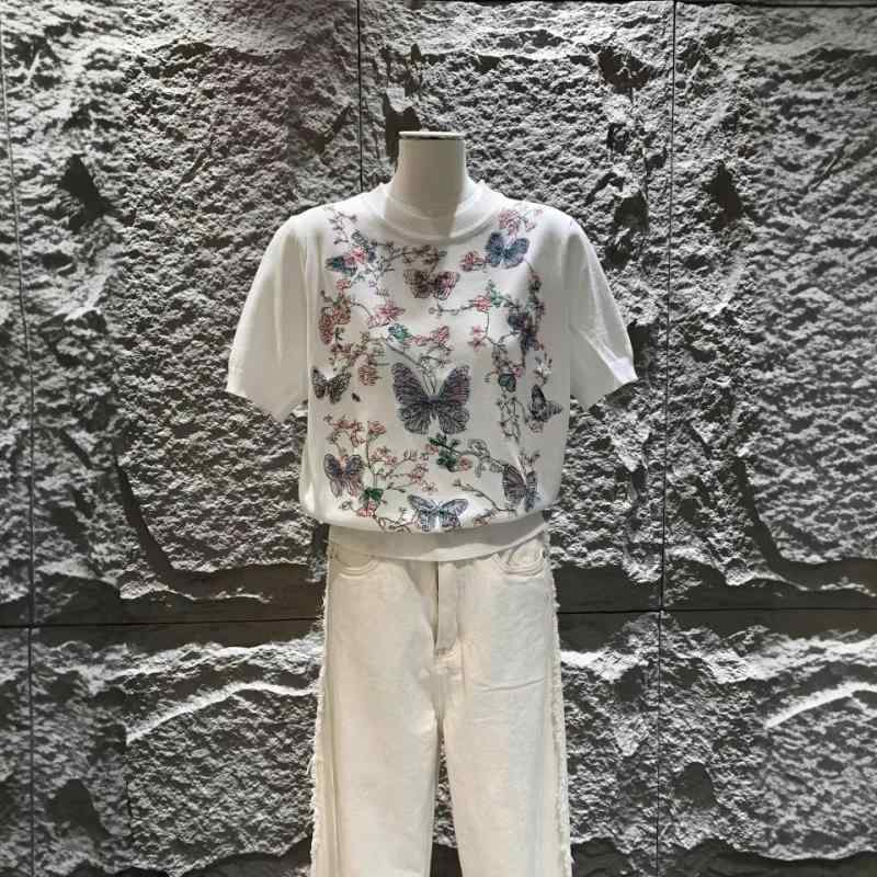 トップス レディース 短袖 ニットシャツ 刺繍 蝶 花 モチーフ 春夏 薄手 軽量 ファッション 合わせやすい 普段使い カジュアル 綿混 伸縮性 Vネック
