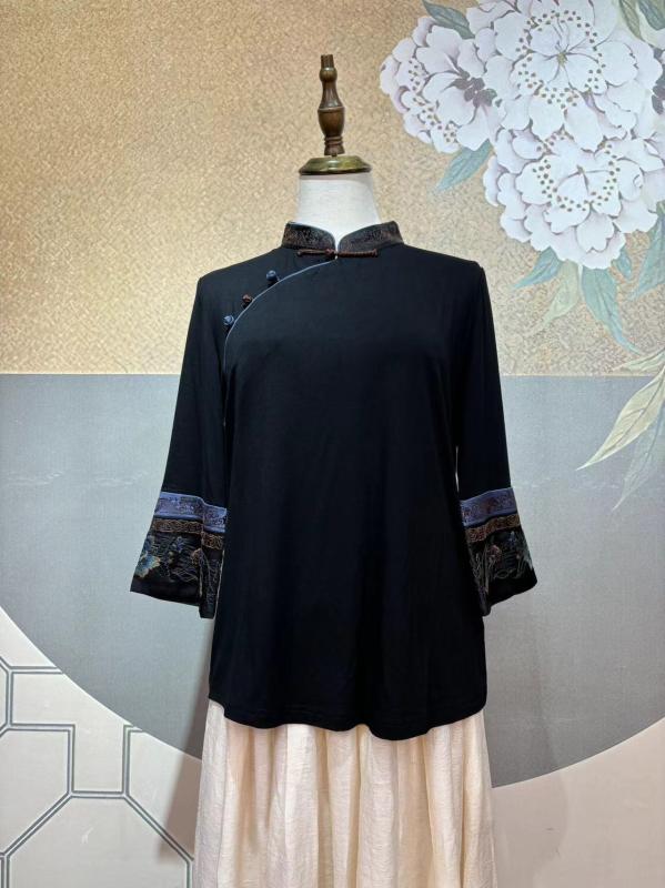レディース エスニック刺繍 立襟 盤扣 七分袖 インナーTシャツ トップス 女性用 インナーシャツ ブラウス 軽量 伸縮性 通勤用 普段使い 部屋着