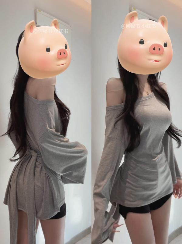 トップス レディース ゆったり ルーズ スリム効果 大襟 斜め肩 ストラップ 腰絞り Tシャツ カジュアル スタイル 韓国 リラックス 感