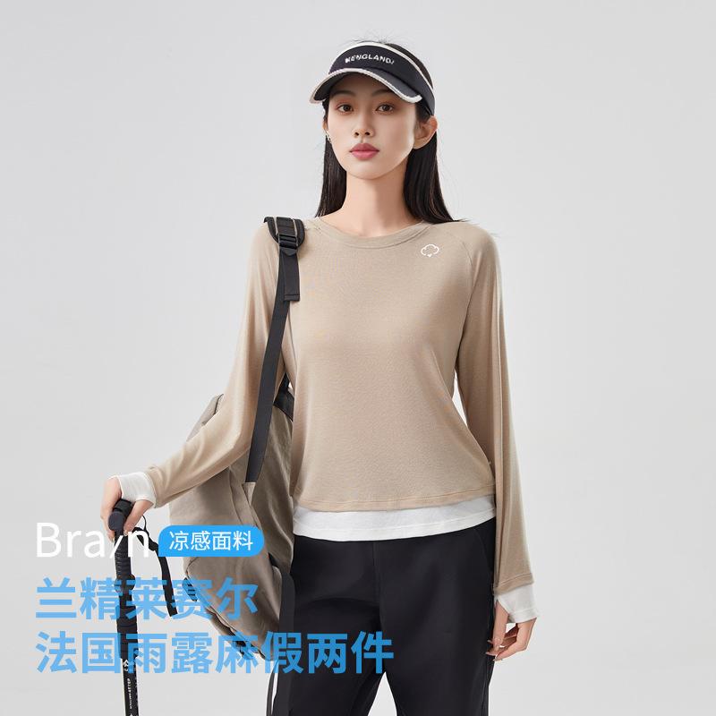 レディース 長袖 Tシャツ フェイクレイヤード シースルー スリムフィット 高級感 インナー 再生繊維 麻 素材 ボディコン トップス 軽量 伸縮性