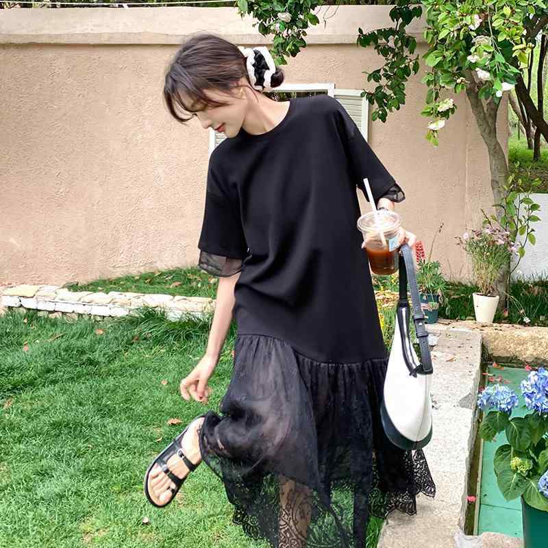 ワンピース レディース ブラック レース 切り替え 夏 カジュアル かわいい デザイン スリム 上品 Tシャツ フェミニン 軽やか スタイル 普段使い ミディ