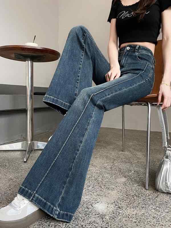 レディース デニムパンツ ハイウエスト フレア 小柄対応 伸縮性 切り替え ブルーグレー ロング丈 カジュアル 普段使い デニム素材 春