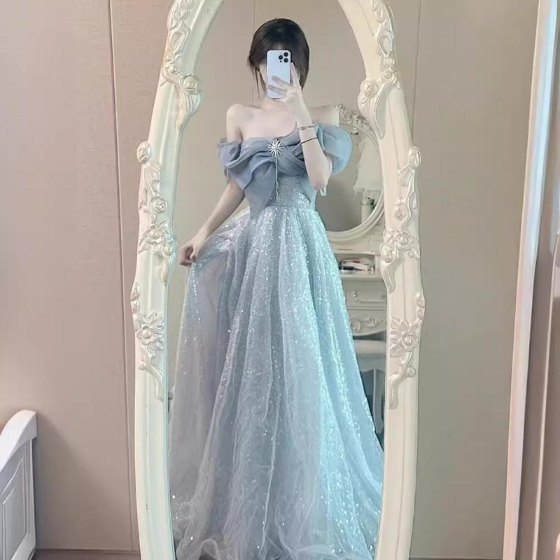 パーティードレス レディース オフショルダー 高級感 ふんわりスカート 成人式 フォーマル 上品 チュール ボリュームシルエット ディナー イブニング ワンピース イブニングドレス
