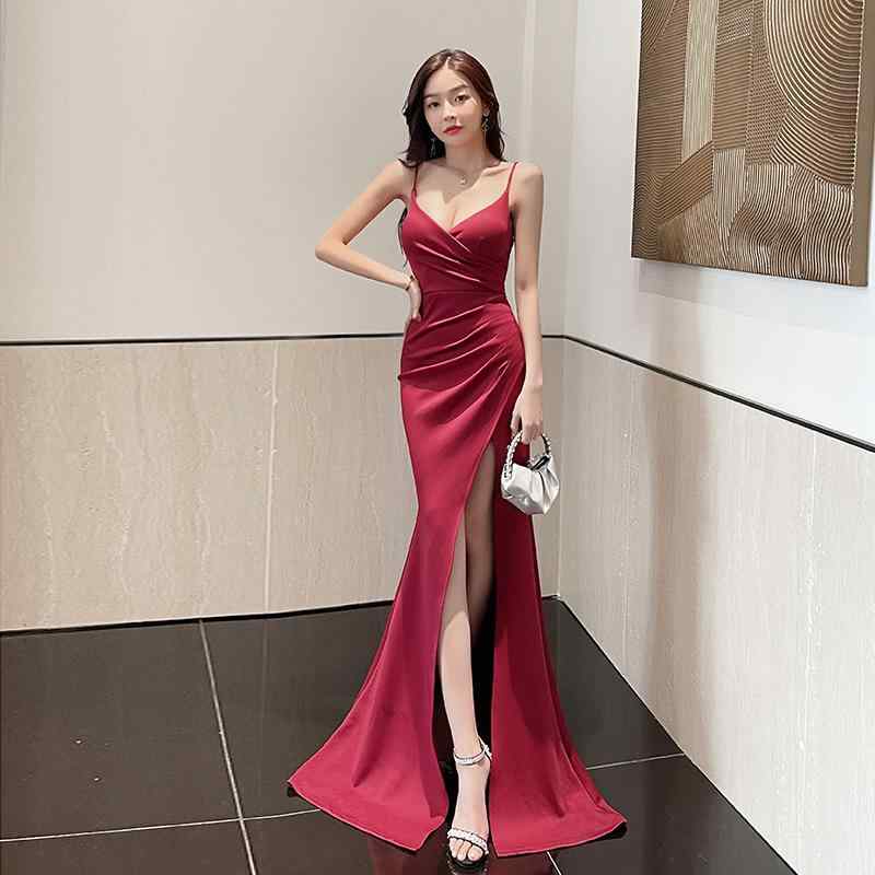 レディース ワンピース セクシー 深Vネック 低胸 ストラップ ロングドレス 背中開き サイドスリット 上品 パーティー用 イブニングドレス フォーマル 夜会 ディナー 女性用 フルレングス スリット入り