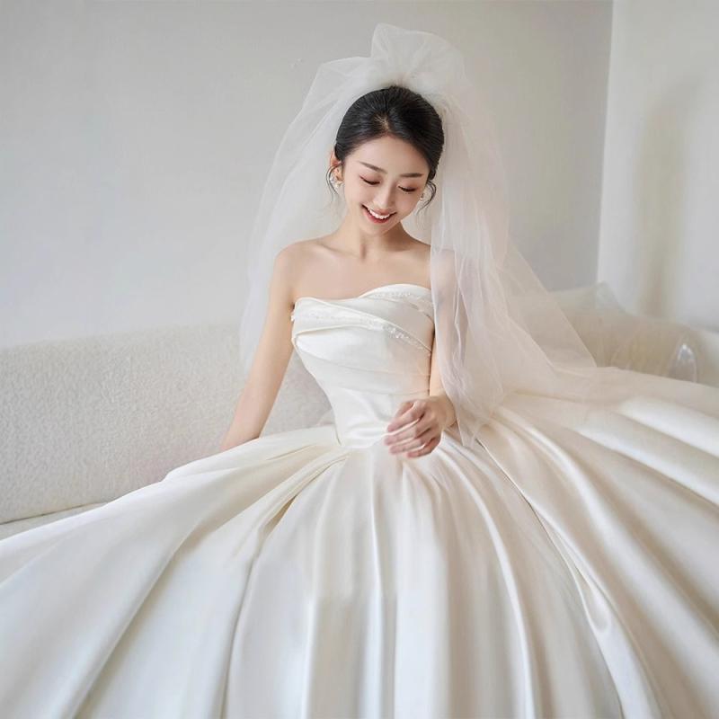 ウェディングドレス ストラップレス サテン素材 軽量 高級感 フレンチ レトロ スタイル 小柄対応 新婦用 外出ドレス ビンテージ ウエストマーク 膝丈 シルク調 生地 伸縮性 快適 フィット|サポートシェアグローバル