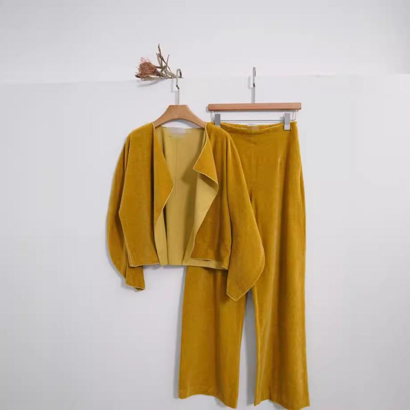 レディース ジャケット パンツ セット 春 高級感 ベルベット コットン 混紡 ソフト ショート丈 ノーボタン アウター ロングパンツ カジュアル 普段使い 軽量|サポートシェアグローバル