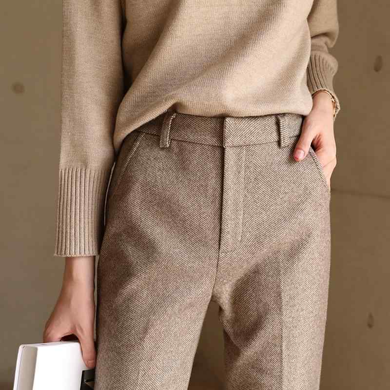 レディース 秋冬 ウール ハイウエスト カジュアル テーパードパンツ スリムフィット 厚手 ストレート ボトムス 修身 ?・覧 西?