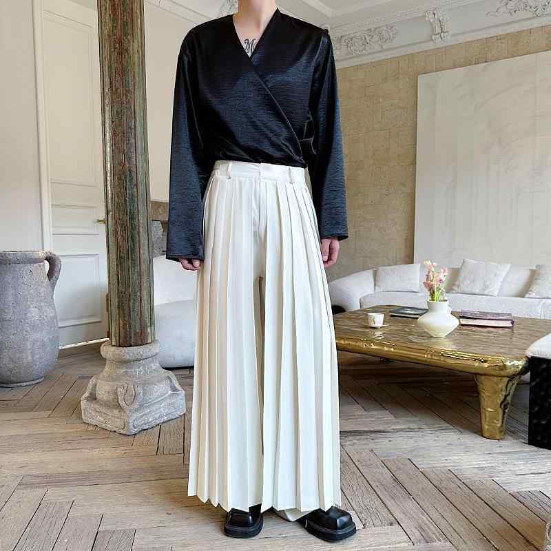 スカートパンツ メンズ レディース プリーツ デザイン カジュアル ストレート 二層 ロングパンツ ユニセックス 普段使い 軽量 伸縮性 トレンド 個性派 ゆったりシルエット コットン混 ブラック グレー ベージュ