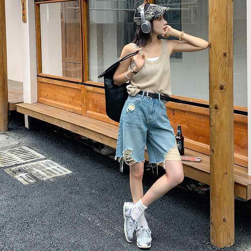 レディース デニム ショートパンツ ハイウエスト ダメージ加工 アメリカン レトロ スタイル ストレート 5分丈 夏用 スリム 細見え カジュアル 普段使い ジーンズ 素材 伸縮性 軽量