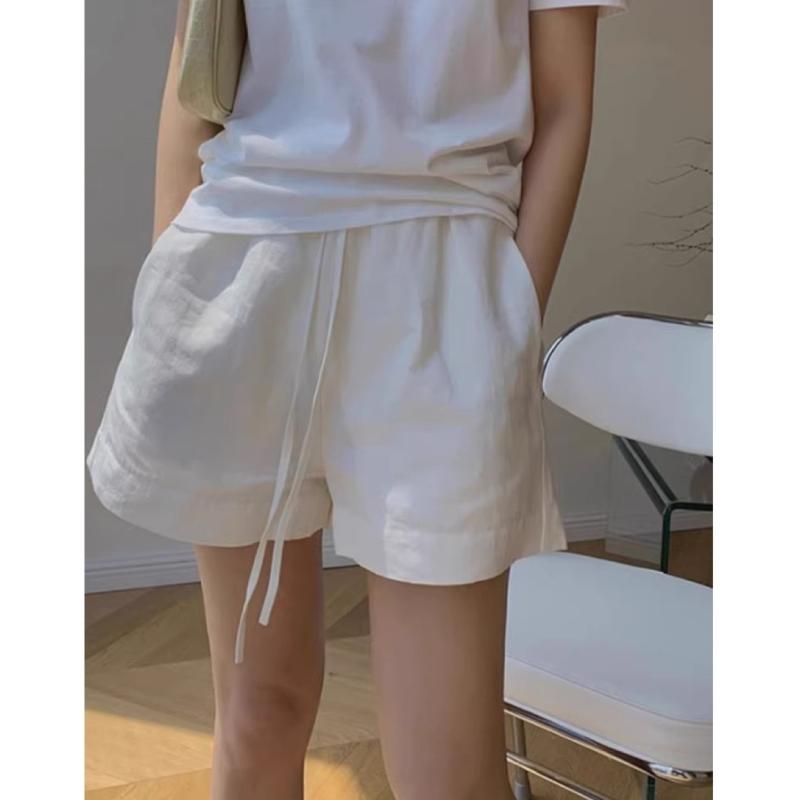 ショートパンツ レディース ホワイト コットン リネン 混 夏用 薄手 ハイウエスト ワイドレッグ ゆったり 小柄対応 スリムシルエット カジュアル スポーツ 軽量 吸湿速乾 通勤 普段使いその他