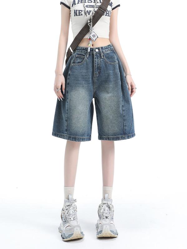 デニムパンツ レディース 夏 5分丈 ハイウエスト ワイドレッグ ゆったり レトロ アメリカンスタイル ウォッシュド カジュアル 梨型体型向け 綿素材 コーディネートしやすい 軽量 伸縮性