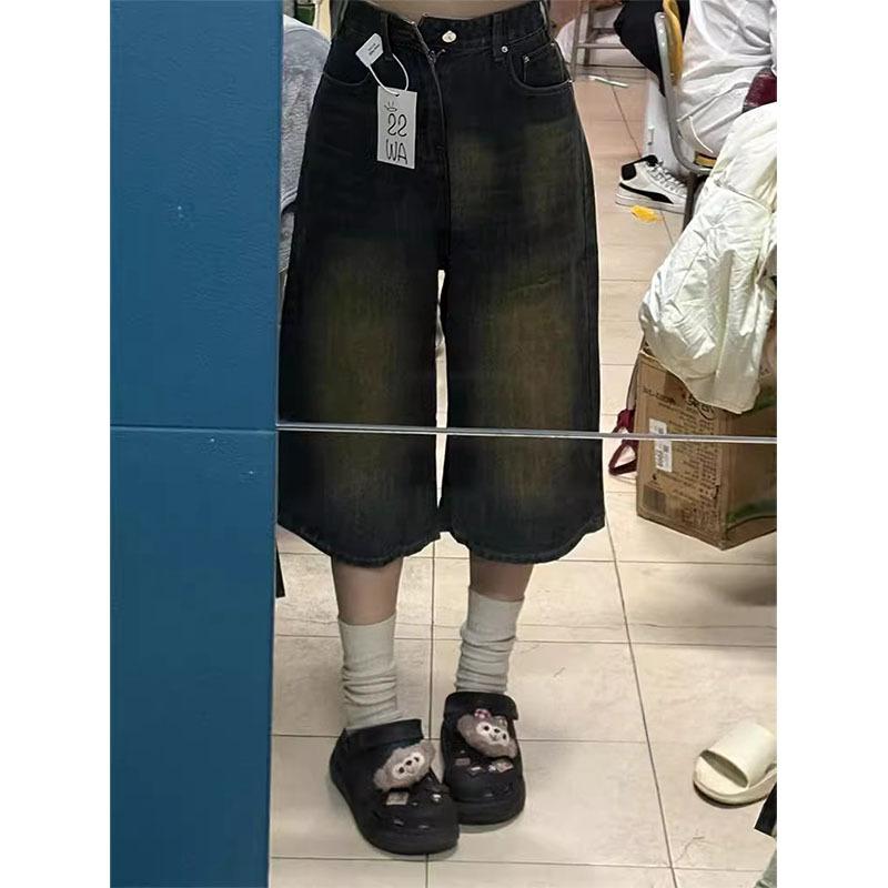 デニムショーツ レディース ワイドレッグ 7分丈 レトロ 高級感 夏 カジュアル ドレープ感 スリム効果 大きめサイズ デニム素材 普段使い 伸縮性