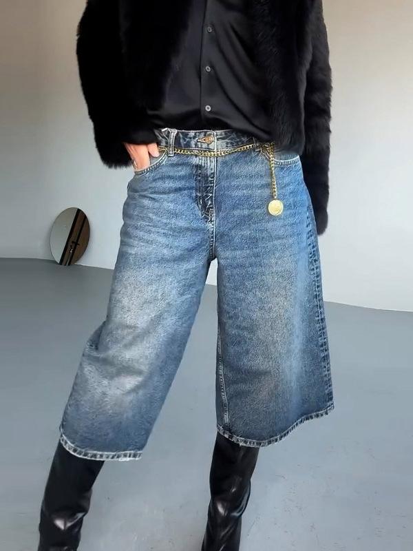 レディース デニムパンツ ワイドレッグ ゆったり ストレート レトロ アメリカンスタイル ビッグサイズ ウォッシュド ディストレス加工 細見え 7分丈 ショーツ トレンド 普段使い 伸縮性 カジュアル