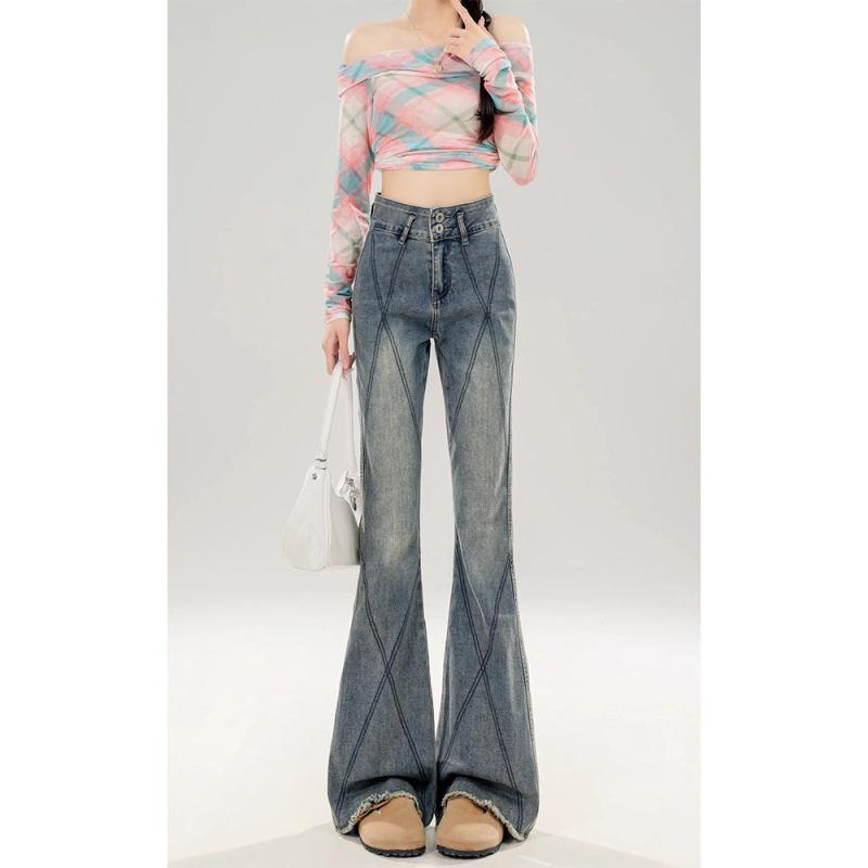 春 レディース デニムパンツ ハイウエスト 微フレア レトロ デザイン スリム 効果 フリンジ 裾 ロング丈 馬蹄型 カジュアル 普段使い コットン 素材 伸縮性