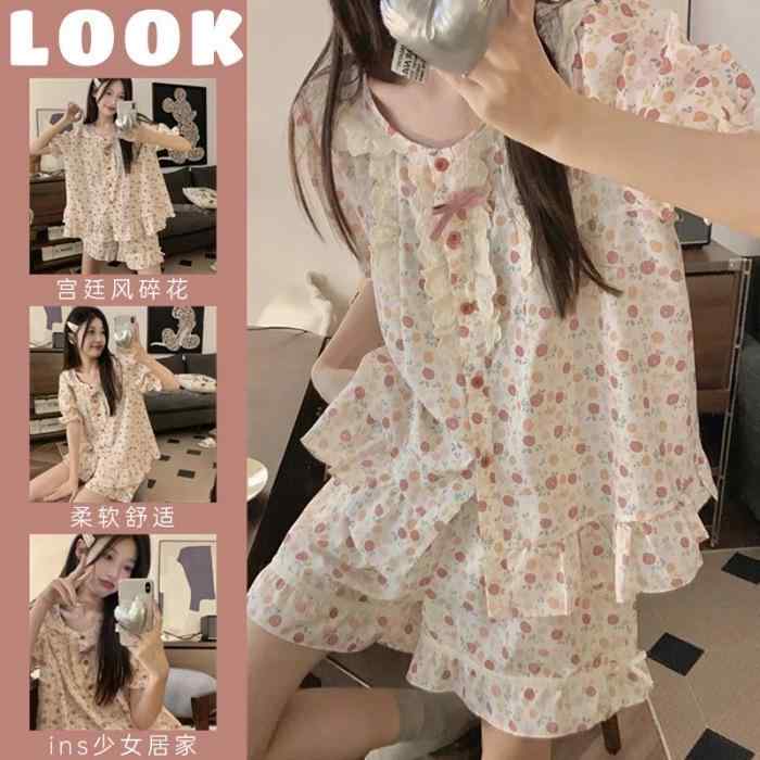 レディース パジャマ 夏用 短袖 トップス ショーツ セット 宮廷 小花柄 ポルカドット フリル 甘め 少女向け 柔らかい 素材 快適 ルームウェア 部屋着