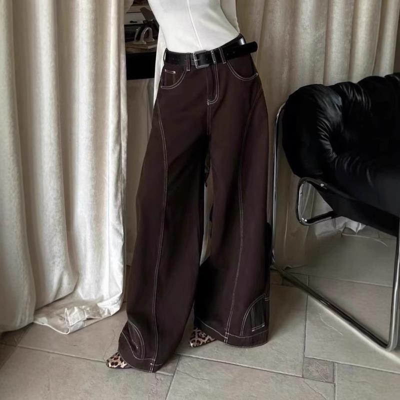 レディース コットン デニムパンツ 高腰 ワイドレッグ ゆったりシルエット アメリカン レトロ ブラウン ストライプ ライン デザイン ストリート ファッション カジュアル スタイル 日常使い