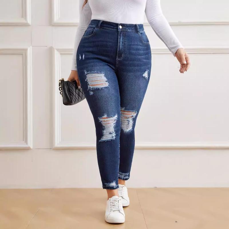 ジーンズ レディース トレンド ダメージ加工 伸縮性 デニムパンツ ゆったり シルエット 快適 フィット 大きめ サイズ カジュアル ファッション ボトムス
