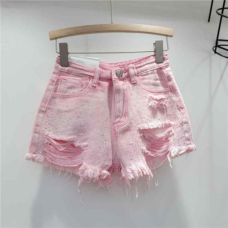 ショートパンツ レディース デニム 破れ加工 ハイウエスト ワイドレッグ 夏用 カラフル ストーン付き スリムシルエット カジュアル 普段使い 伸縮性