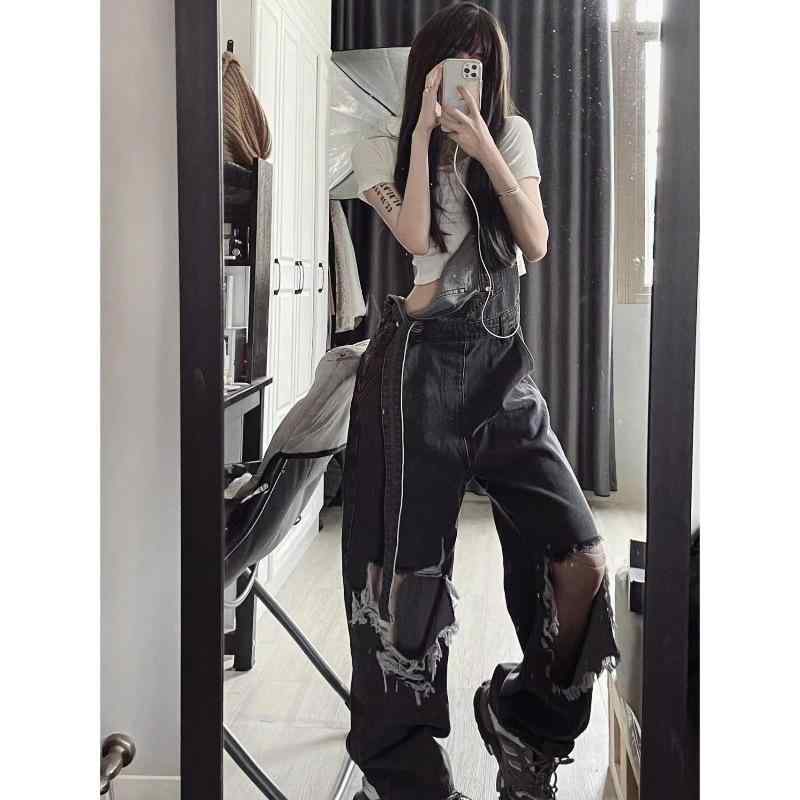 デニム サロペット レディース 春秋 大きいサイズ ダメージ加工 レトロ デザイン セクシー ガール カジュアル ハイウエスト ワイドレッグ ロングパンツ コットン 素材 伸縮性 普段使い 軽量
