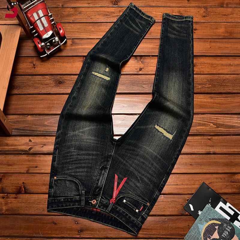 メンズ 秋冬 デニムパンツ アメリカンスタイル レトロ加工 破れ パッチ 細脚 ストレッチ スリムフィット ロング丈 カジュアル 普段使い デニム素材 伸縮性
