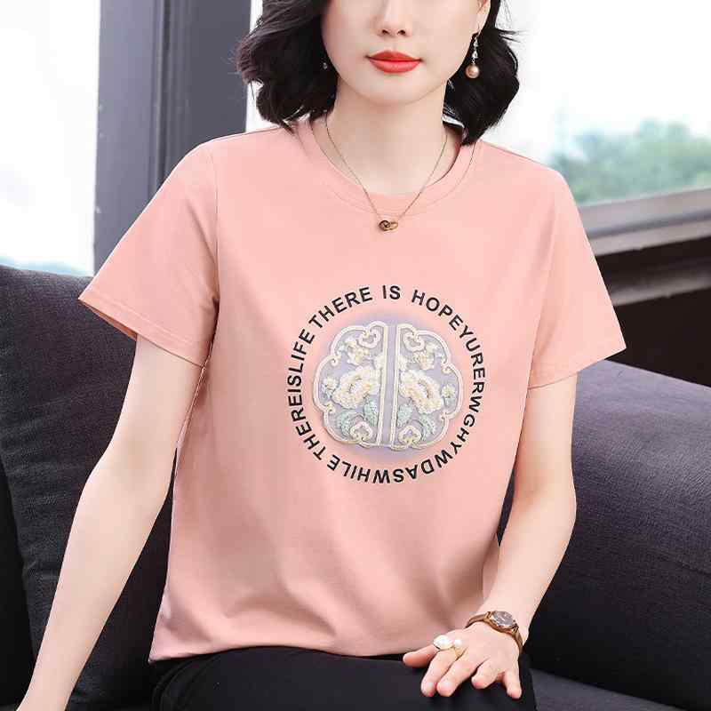 マタニティ Tシャツ 丸首 短袖 刺繍 花柄 プリント ゆったり 切り替え 夏用 高級感 妊婦向け 快適 伸縮性 吸湿速乾 日常使い
