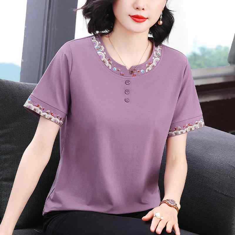 妊婦用 半袖 Tシャツ 刺繍 丸首 ゆったり お腹カバー 高級感 夏用 トップス コットン 混 吸湿速乾 軽量 ユニーク パターン