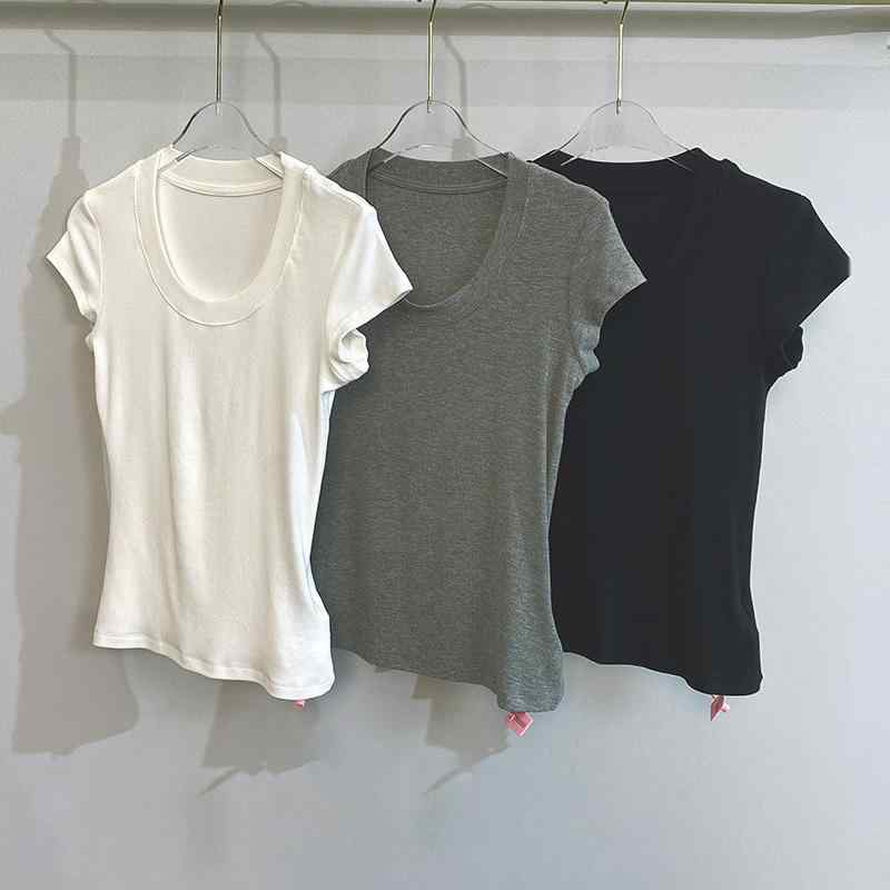 Tシャツ レディース 夏 半袖 シンプル 単色 リブ 伸縮性 スリムフィット ボディシェイプ カジュアル トップス 普段使い