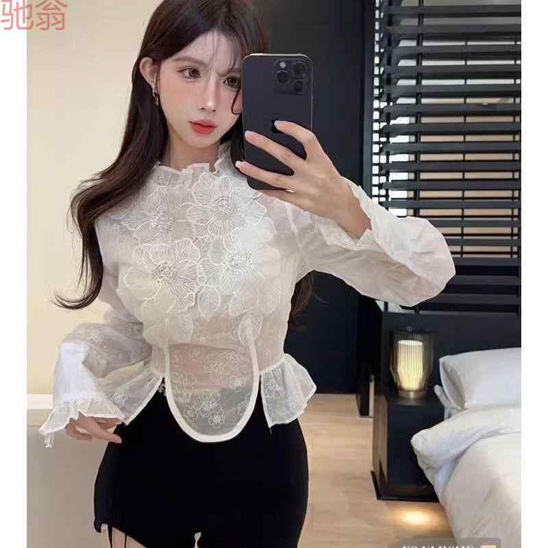 レディース ブラウス 韓国 フェミニン ガーリー 立体レース 花柄 切り替え スタンドカラー 長袖 秋 ショート丈 カジュアル トップス