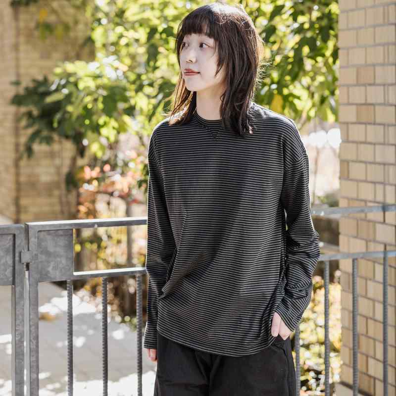 Tシャツ 春夏 麻素材 ストライプ柄 クルーネック ゆったりシルエット シンプル 柔らかい 長袖 カジュアル トップス インナー 普段使い 軽量