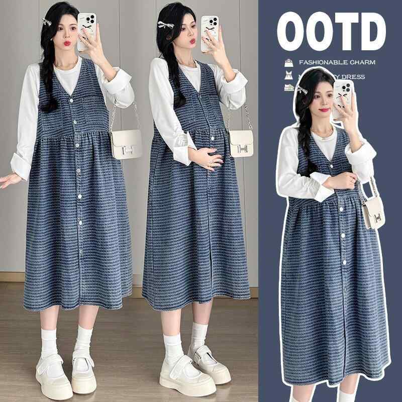 マタニティ ワンピース デニム オーバーオール スカート Tシャツ セット ゆったり かわいい 春秋 妊婦服 快適 伸縮性 コットン 混 普段使い 部屋着 ライトウェイト