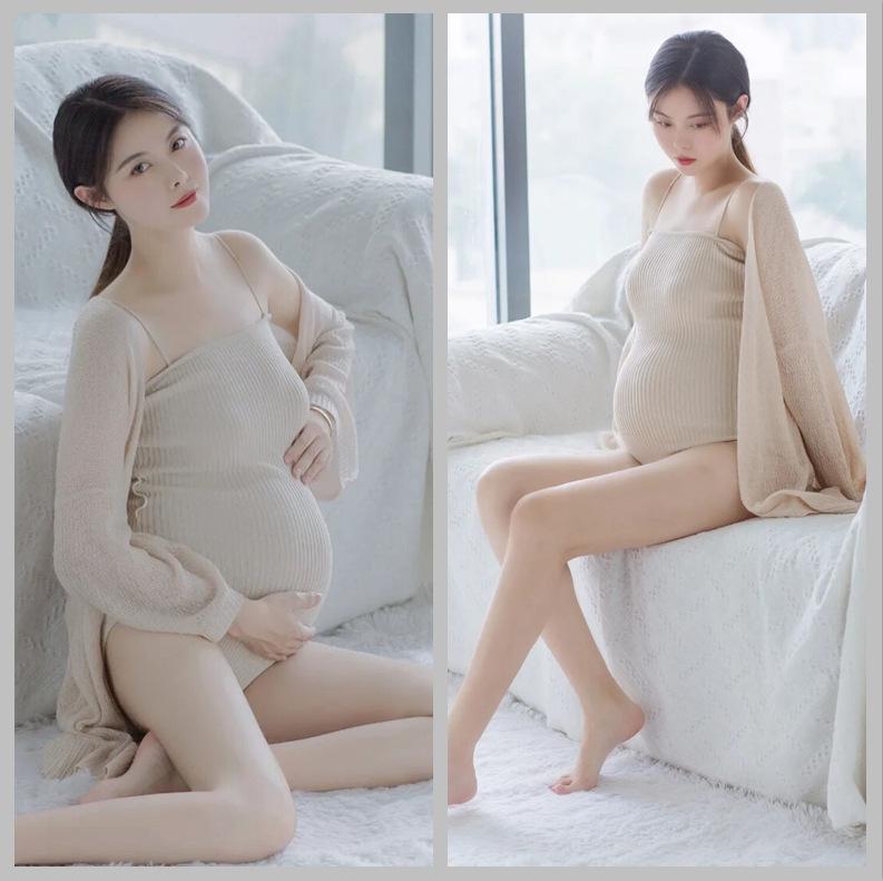 マタニティ ニットセーター 妊婦写真撮影用 ゆったりトップス 伸縮性素材 快適妊婦服 芸術ポートレートテーマ 柔らかいニット 日常着にも
