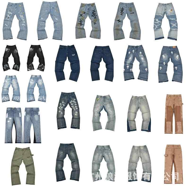 デニムパンツ カジュアル 微フレア 切り替え 破れ グラフィティ柄 インクスプラッシュ ワークスタイル ゆったりシルエット ディストレス加工 普段使い デニム素材