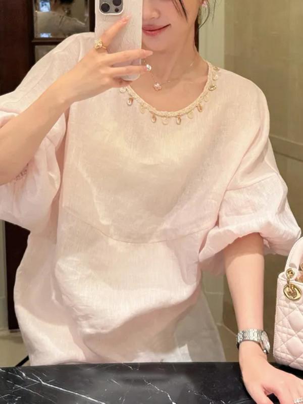 レディース ブラウス 夏用 短袖 リネン 刺繍 ゆったり フレンチスタイル 宮廷 貝殻モチーフ 軽量 通気性 良い エレガント デザイン