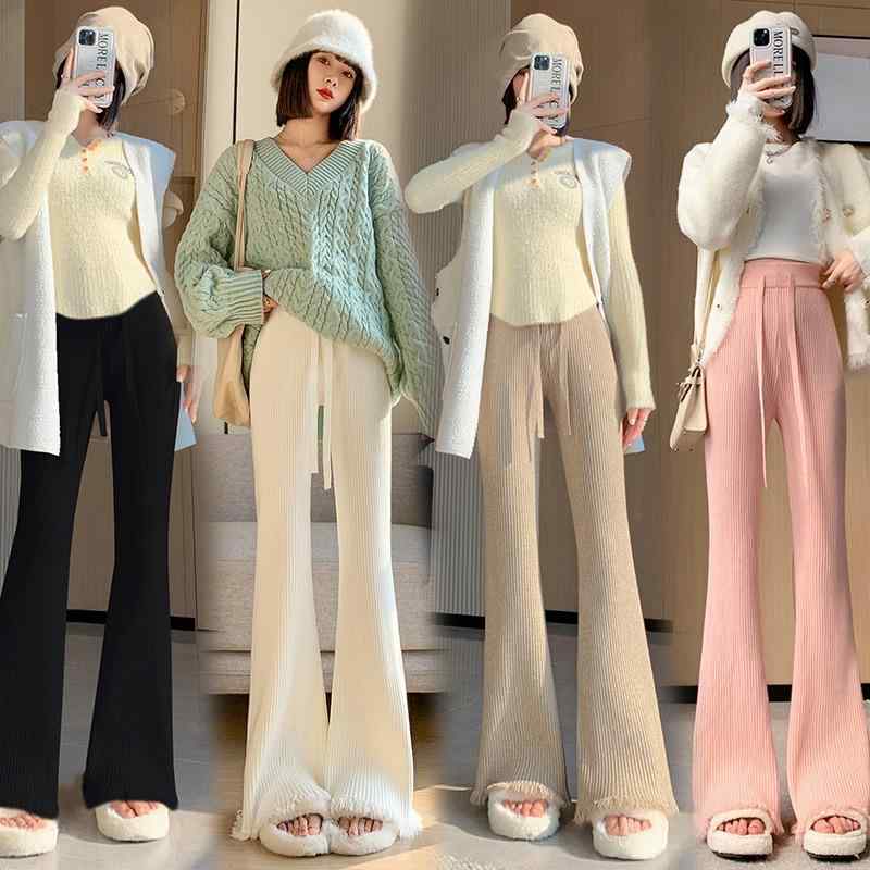 レディース ニット ワイドパンツ ハイウエスト ロング丈 フリンジ付き ドレープ感 スリム見せ 脚長効果 ソフト素材 伸縮性 カジュアル 普段使い