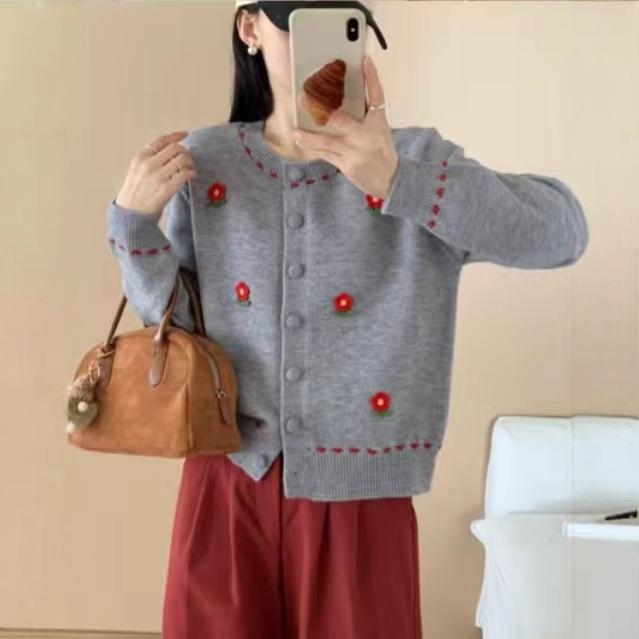 女性用 秋冬 ニット カーディガン キャンディカラー 小花柄 シンプル デザイン スタイリッシュ トップス アウター 暖か素材 普段使い コーディネート