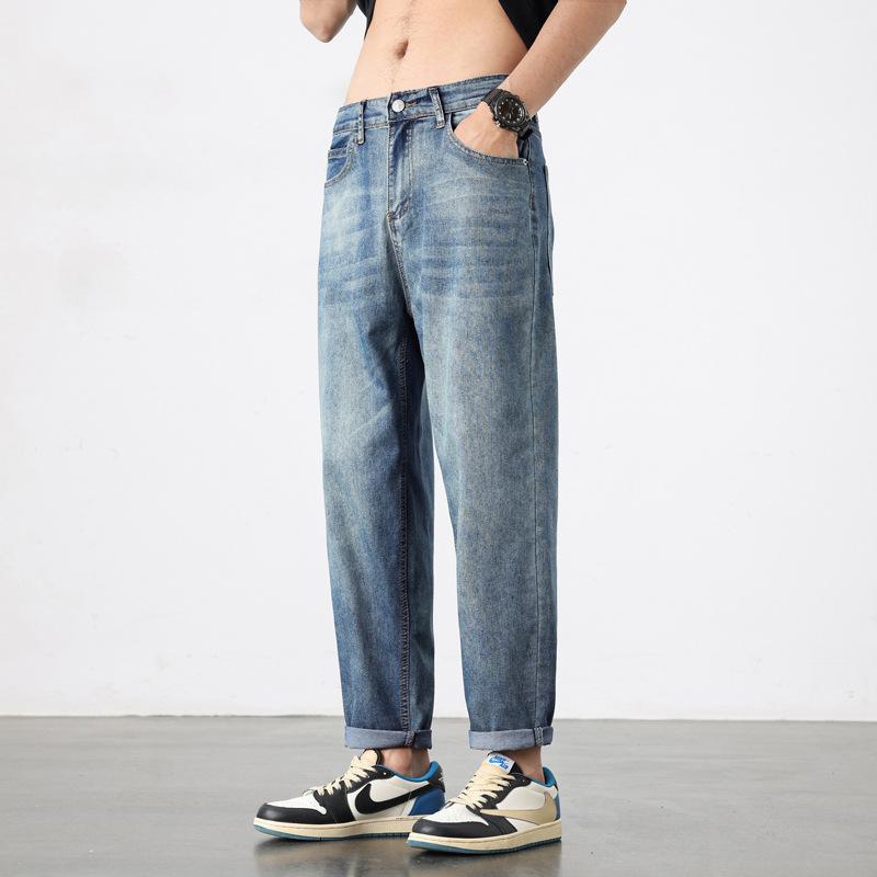 メンズ デニムパンツ 接触冷感 薄手 伸縮性 テーパード ロング丈 ライトブルー 綿素材 ベーシック 細身 軽量 通勤用 普段使い 4,461円