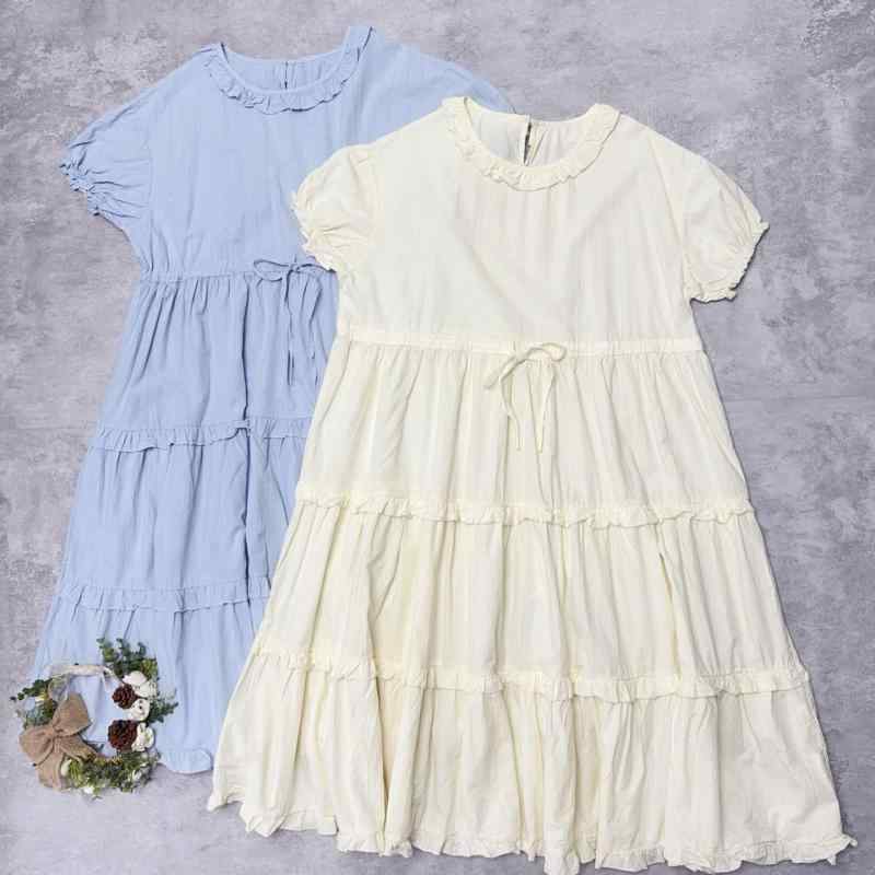 レディース ワンピース フリル レース 花柄 レイヤード 夏用 森ガール かわいい 清新 Aライン 薄手 軽量 ウエストマーク 膝丈 吸湿速乾