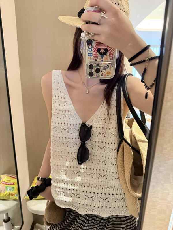 レディース 夏 ニット ベスト 麻 素材 レトロ 手編み クロシェ ハート ネック U バック レイヤリング 通気性 軽量 スタイリッシュ デザイン
