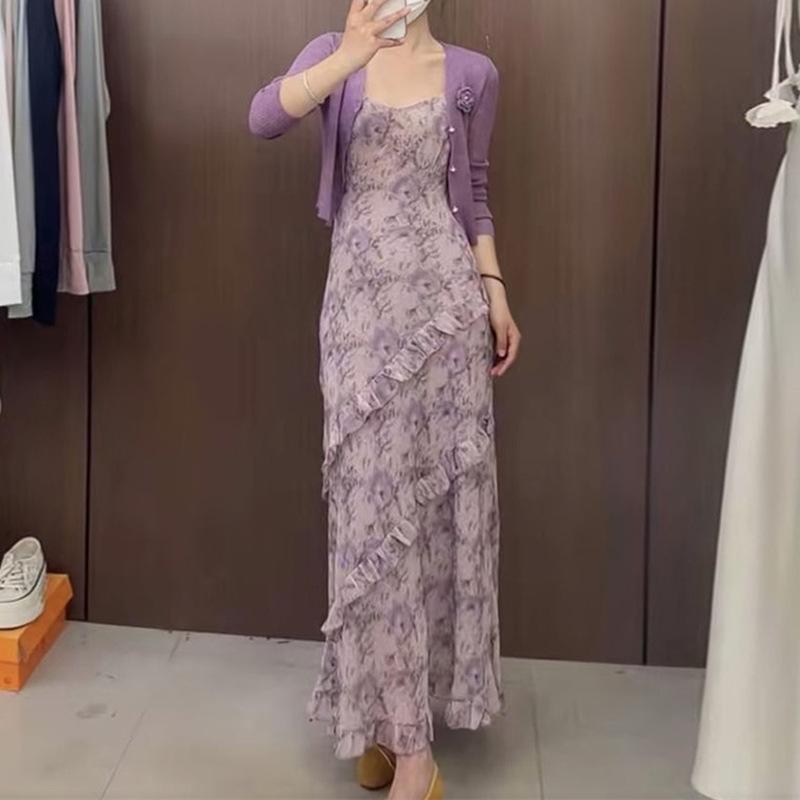 レディース 夏 ビッグサイズ 長袖 カーディガン 花柄 キャミソール ワンピース 2点セット スリムシルエット カジュアル 軽やか 涼しい ユニーク｜サポートシェアグローバル